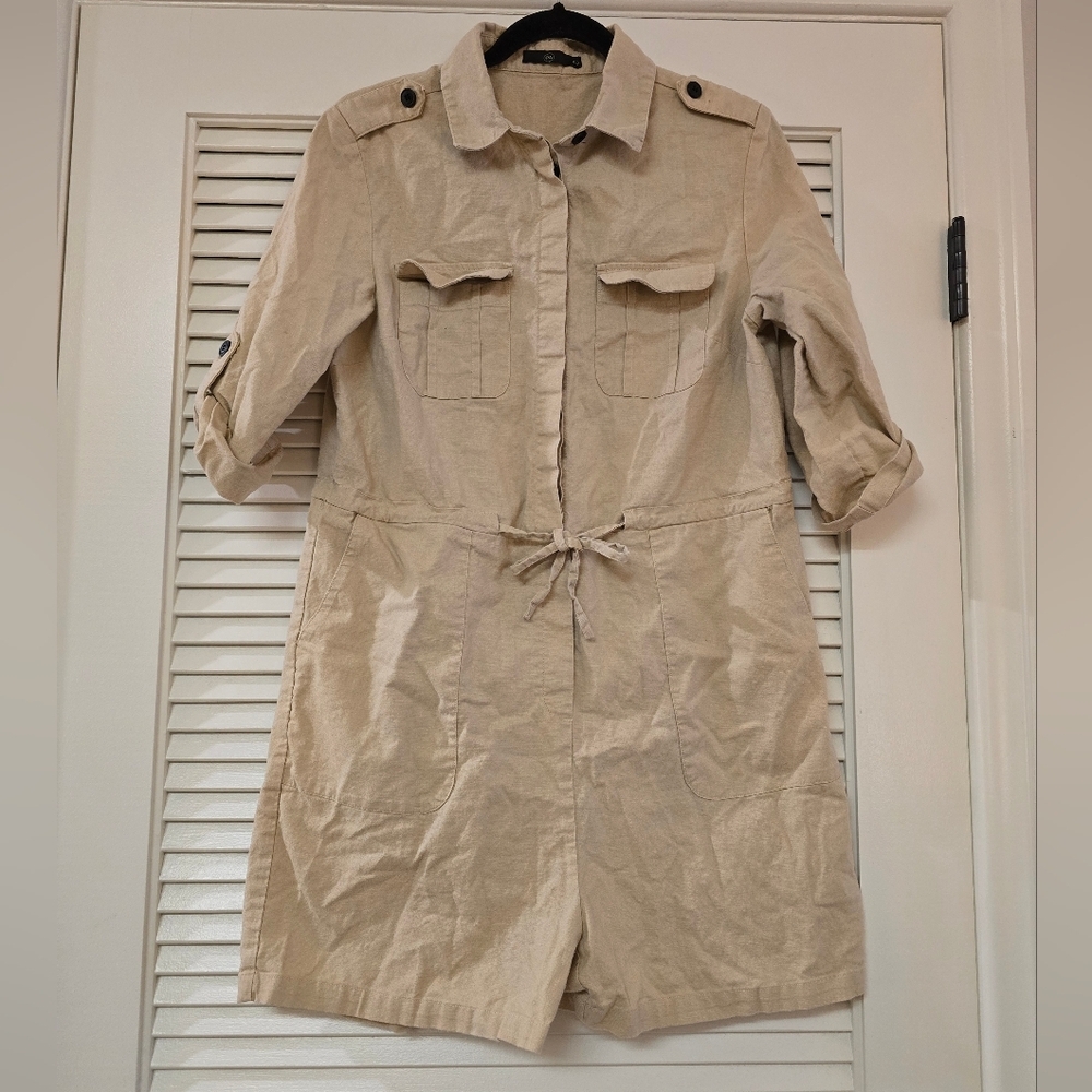 C&A - Tan Linen & Cotton Neutral Classic Short-Sleeve Romper With Pockets